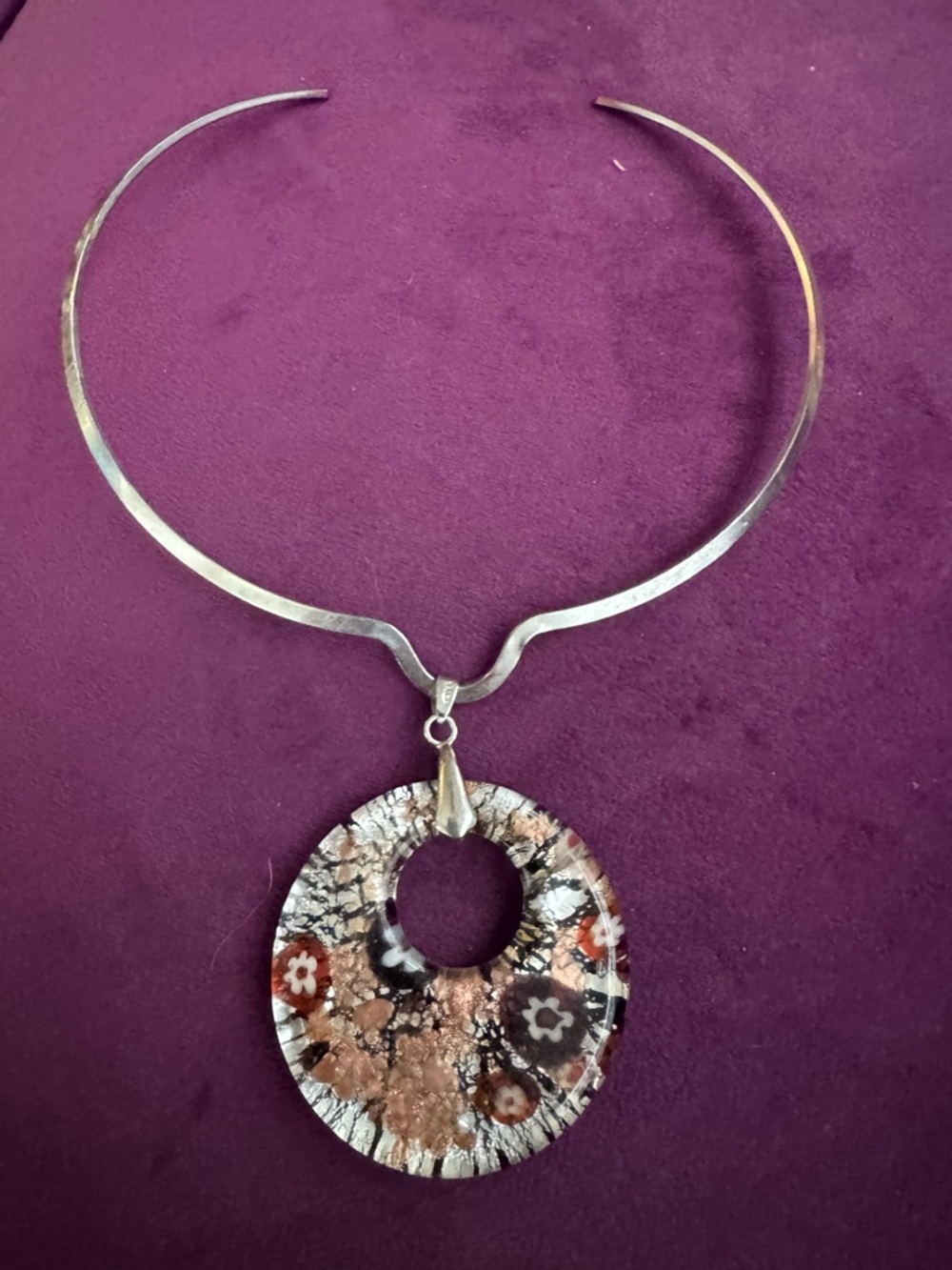 Silver Collar Reversible Necklace with Bohemian Floral Resin Pendant